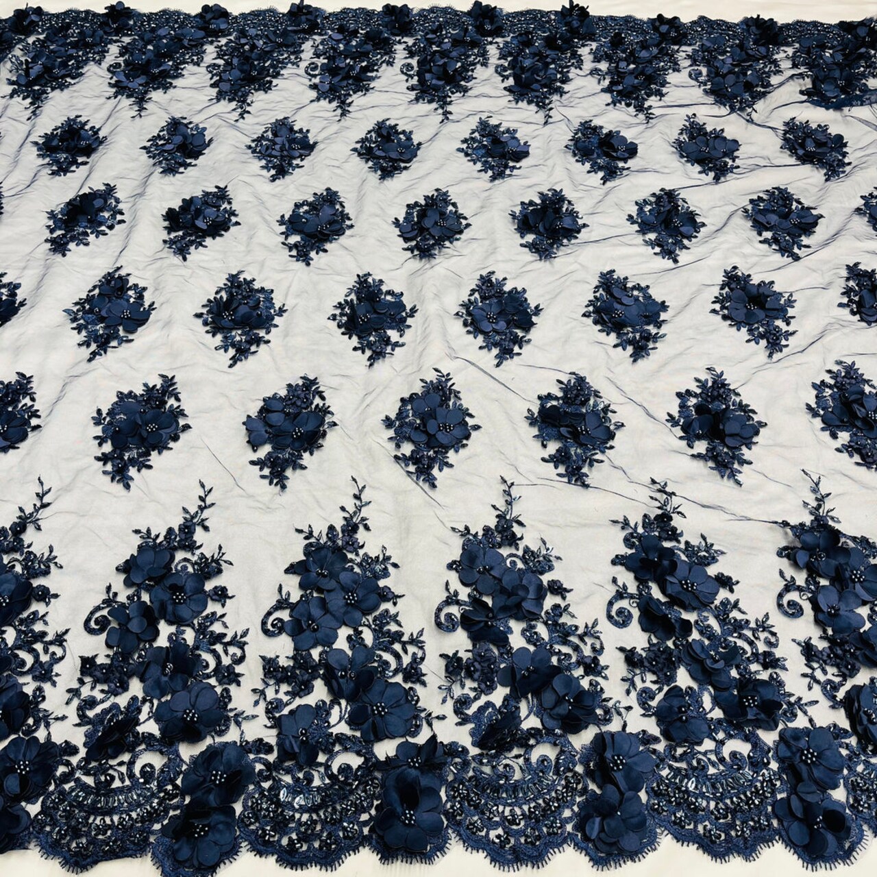 1 Yard Navy Beaded 3D Floral Embroidered Lace Fabric on 100% Polyester Mesh, 54" Width